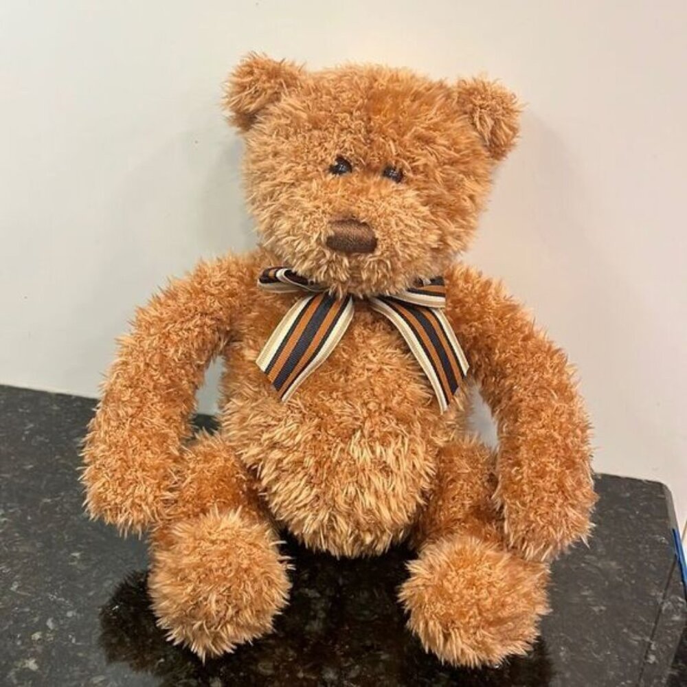Teddy Bear Plush Gund Fusby Striped Bow Fuzzy Stitched Nose Stuffed Anim…
